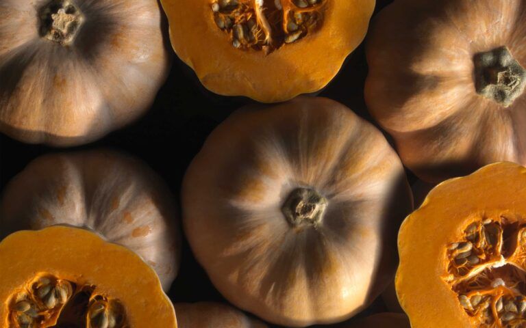 Calabazas Mini-muskat enteras y partidas vistas desde arriba